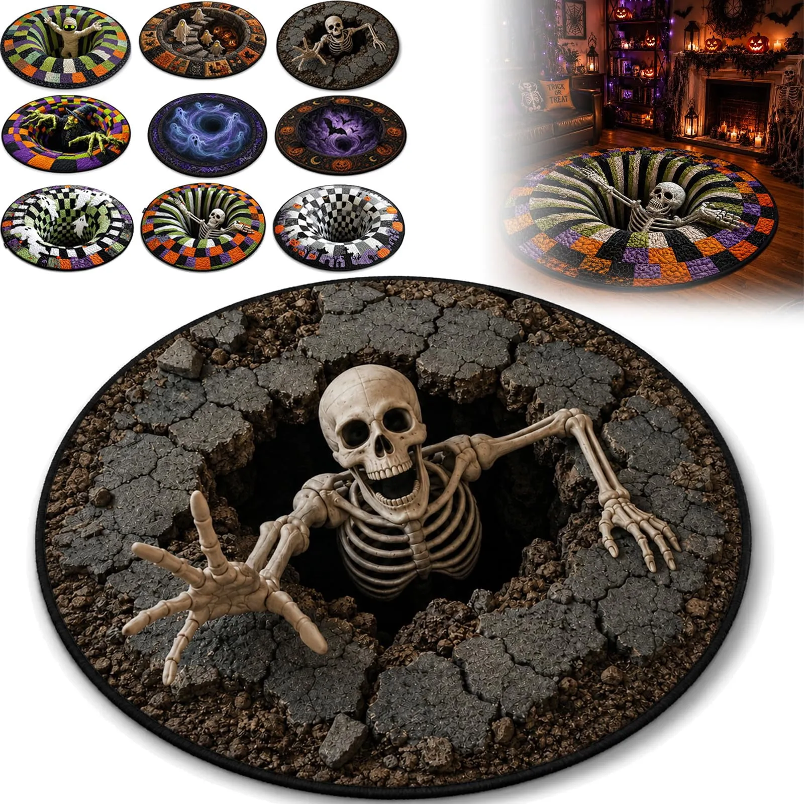 Round Optical Illusion Halloween Rug, 3D Skeleton Print (2-Pack)